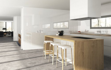 Blanco Pulido 240 x 120 cm. Town Grey 120 x 120 cm.
