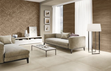 Larchwood Ipe 40 x 120 cm. Parkiet Larchwood Ipe 40 x 120 cm. Grafton Ivory 120 x 120 cm.
