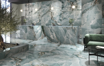 Onyx Turquoise Pulido 260 x 120 cm. Pavimento Onyx Turquoise Pulido 120 x 120 cm.