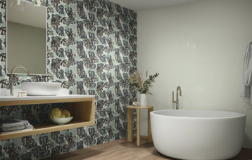 Montmartre Menthe 30 x 90 cm.  Montmartre Furet Menthe 30 x 90 cm. Pavimento Foresta Quercia 20 x 120 cm.