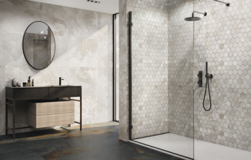 Slate White 60 x 120 cm. Hexa Slate White 29 x 27 cm. Pavimento Slate Black 60 x 120 cm.