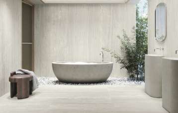 Venice Grigio Natural 120x260 cm. Pavimento Venice Grigio 120x120 cm.