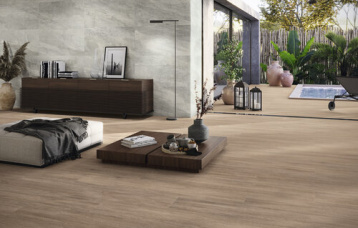 Astra Grey 60x120 cm.  Pavimento Vermont Wallnut 26x160 cm.