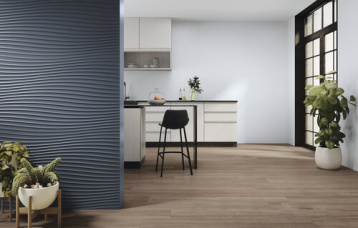 Montmartre Blue Relieve Ilusion 60x120 cm. Montmartre Ciel 60x120 cm. Pavimento Foresta Noce 20x120 cm.