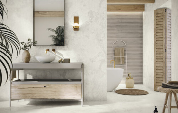 Florence Bianco 60x120 cm. Bamboo Vermonth Earth 30x90 cm. Pavimento Florence Bianco 60x120 cm.