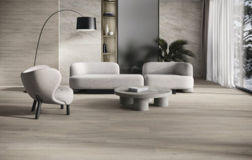 Bamboo Vermont Earth 30x90 cm. Astra Pearl 60x120 cm. Pavimento Vermont Earth 26x160 cm.