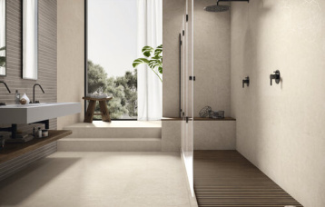 Belstone Cream 30x90 cm. Bamboo Vermont Earth 30x90 cm. Pavimento Belstone Cream 60x60 cm.
