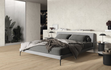 Kronos Sand 120 x 260 cm. Pavimento Sequoia Almond 20x120 cm.