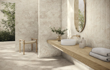 Revestimiento Canyon Beige 30 x 90 cm y Duomo Canyon Beige 30 x 90 cm. Pavimento Canyon Beige 120 x 120 cm.