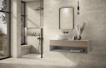 Revestimiento Capital Beige 40 x 120 cm y Sink Capital Beige 40 x 120 cm. Pavimento Capital Beige 120 x 120 cm.