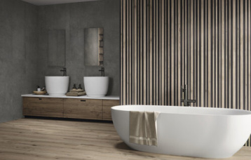 Ribbon Sequoya Oak 40 x 120 cm. Village soft Noir 40 x 120 cm. Sequoya Oak 20 x 120 cm.