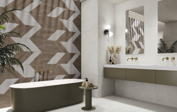 Revestimiento Village Soft Bianco 60x120 cm. Relieve Decor Links Wallnut 60x120 cm. Pavimento Village Soft Bianco 60x60 cm.