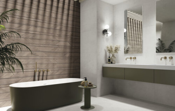 Revestimiento Village Soft Bianco 60x120 cm. Relieve Decor Bush Wallnut 60x120 cm. Pavimento Village Soft Bianco 60x60 cm.