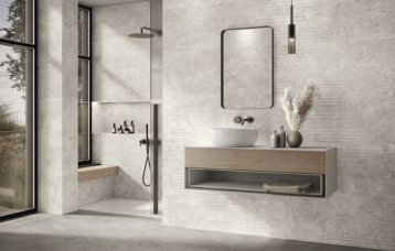 Revestimiento Capital Bianco 40 x 120 cm y Sink Capital Bianco 40 x 120 cm. Pavimento Capital Perla 120 x 120 cm.
