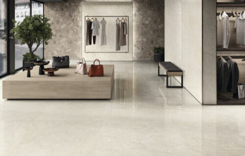 Sorrento Sabbia Pulido 280 x 120 cm. Ferreire Quercia 20 x 120 cm. Positano Bronzo Natural 280 x 120 cm. Pavimento Sorrento Sabbia Pulido 120 x 120 cm.