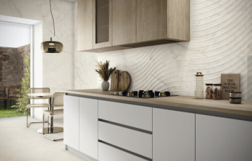 Revestimiento Crystallo Satin 40x120 cm. Curve Crystallo Satin 40x 120 cm. Crystallo Natural 120x120.