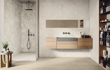 Salerno Avorio Natural 280 x 120 cm. Positano Avorio Natural 280 x 120 cm. Pavimento Ferreire Faggio 20 x 120 cm.&