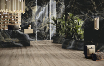 Revestimiento Diamonds Golden Eye Glitter 120 x 280 cm. Pavimento Sequoya Oak 20x120 cm.