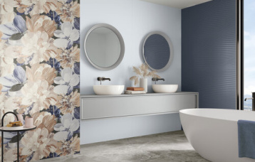 Montmartre Blue Relieve Ilusion 60x120 cm. Montmartre Ciel 60 x 120 cm. Buisson Montmartre 60x120 cm. Pavimento Dome Ash 80X80 cm.