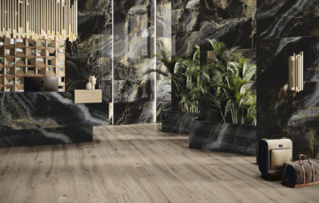 Revestimiento Diamonds Golden Eye Glitter 60 x 120 cm. Pavimento Sequoya Oak 20x120 cm.
